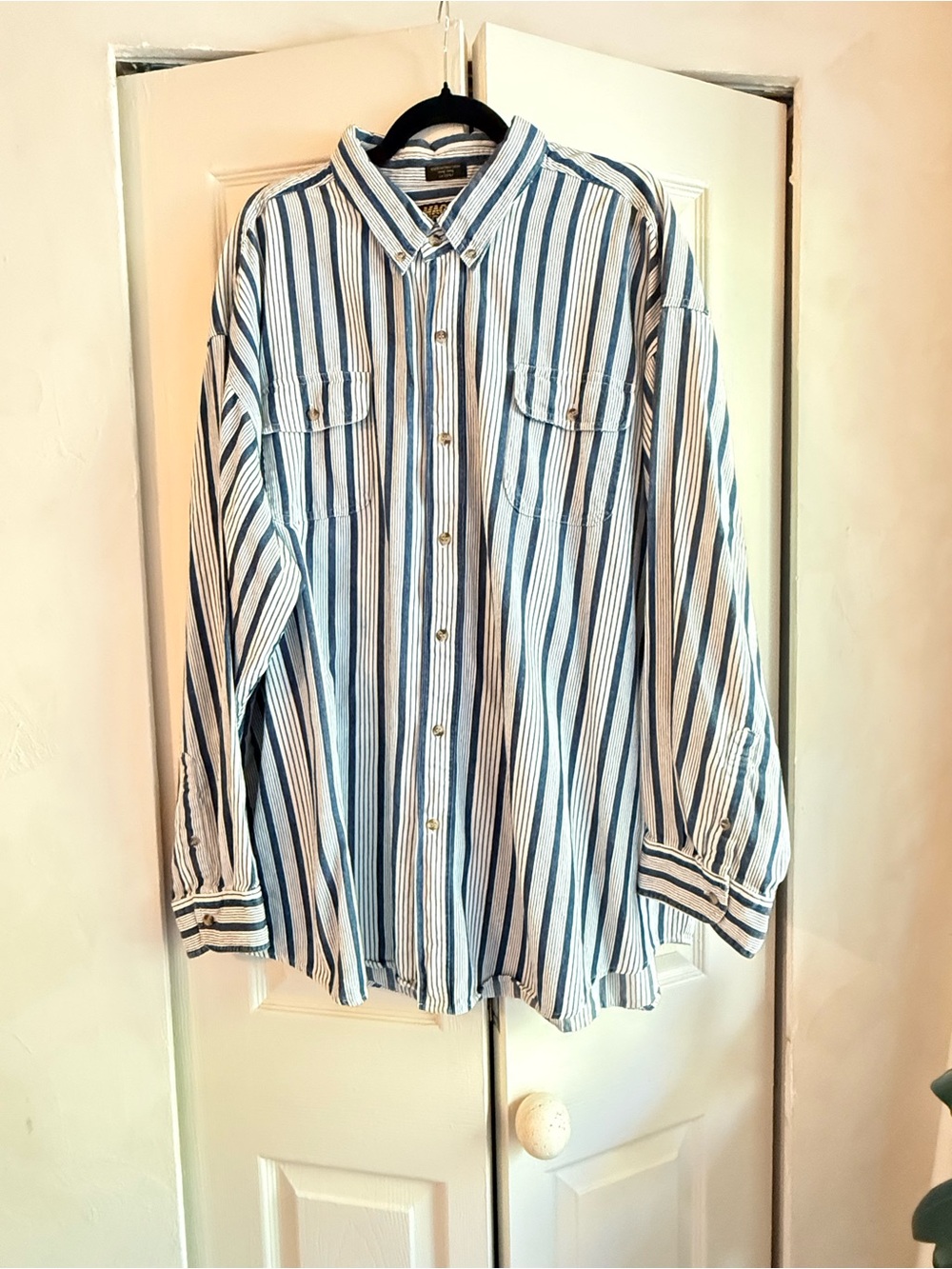 Vintage Blue and White Striped Button-Up Shirt 100% Cotton